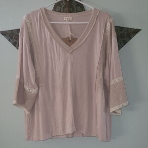 POL Dusty Rose Lace Accent V-Neck Blouse